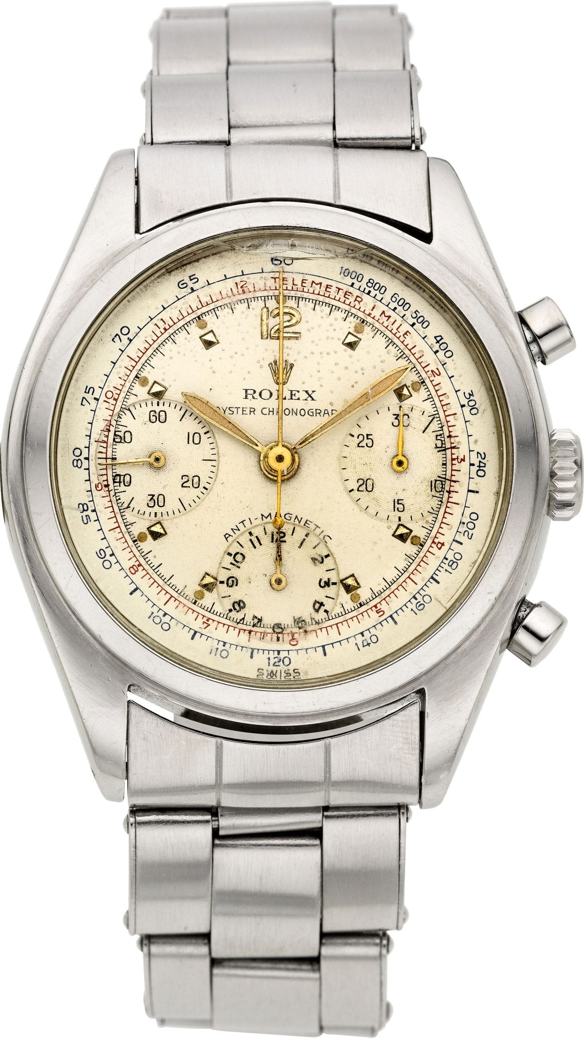 Vintage Rolex Chronograph 6034 watch with a cream dial and stainless steel band, featuring multiple subdials.