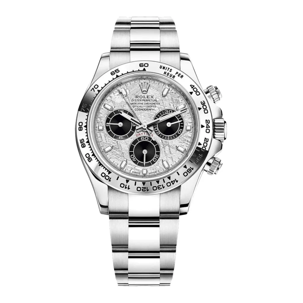 A silver Rolex Cosmograph Daytona 116509 watch featuring a meteorite dial and three black subdials.