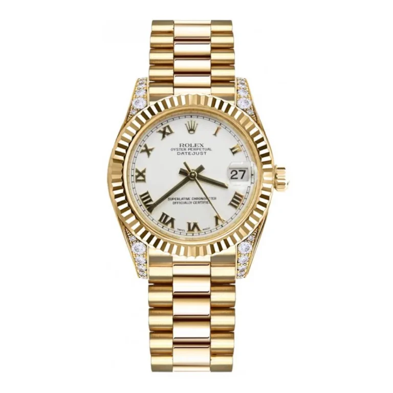 Gold Rolex Datejust 178238 with a white dial, Roman numerals, date display, and diamond accents on the case.
