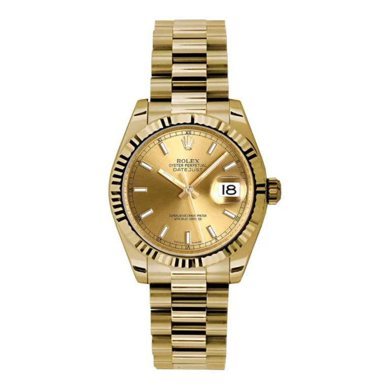 Gold Rolex Datejust 178278 wristwatch featuring a gold dial, date display, and a polished metal bracelet.