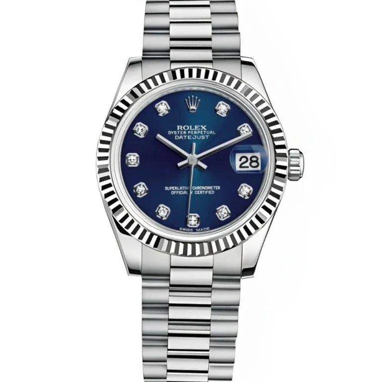 Silver Rolex Datejust watch with a blue dial, diamond hour markers, date display, and metal link bracelet—a timeless luxury watch for any occasion.
