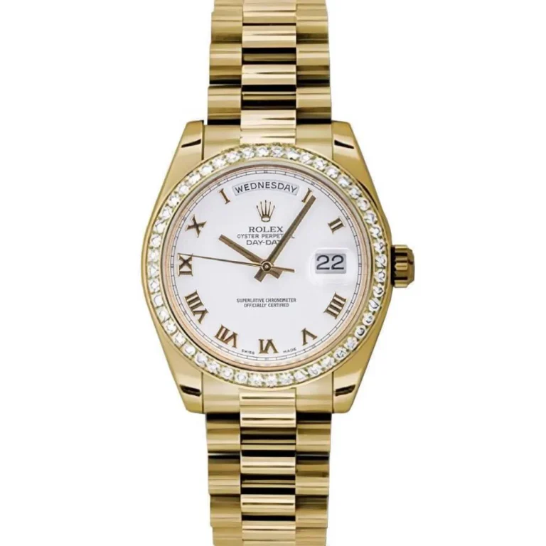 Gold Rolex Datejust 178288 watch featuring a diamond bezel, white dial, Roman numerals, and day-date display—a timeless luxury watch for any collection.