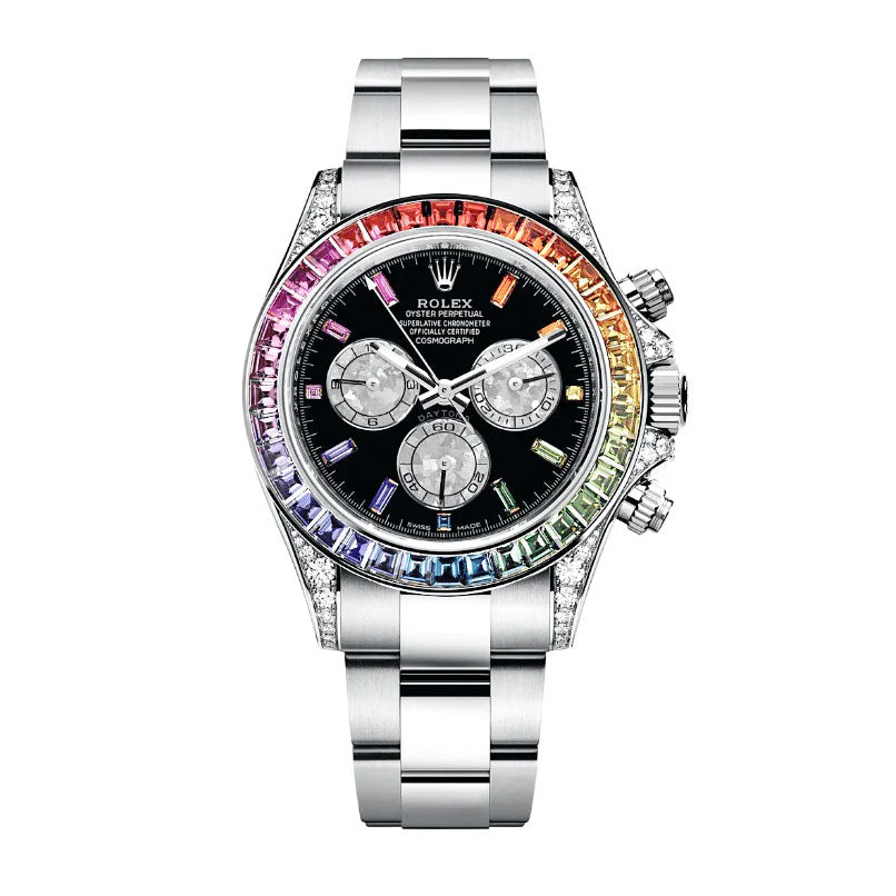 A silver Rolex Cosmograph Daytona with a black face and a rainbow-colored gemstone bezel.