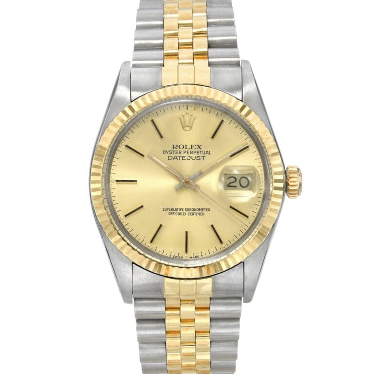 Rolex Datejust 16013 watch with a gold and silver band, gold bezel, and champagne dial displaying the date.