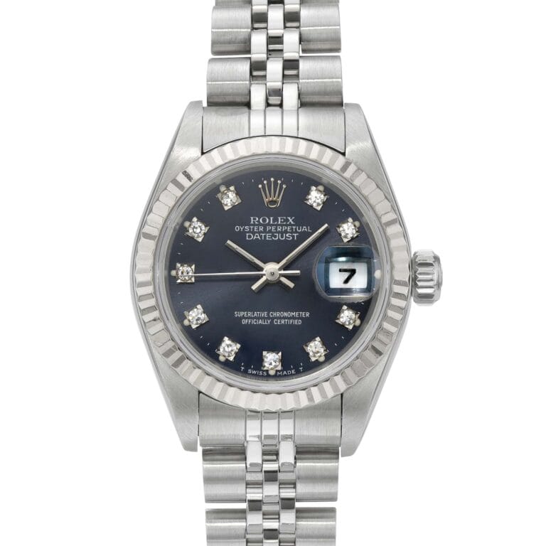 A Rolex Datejust 69174 watch featuring a black dial, diamond hour markers, and a sleek silver metal bracelet.