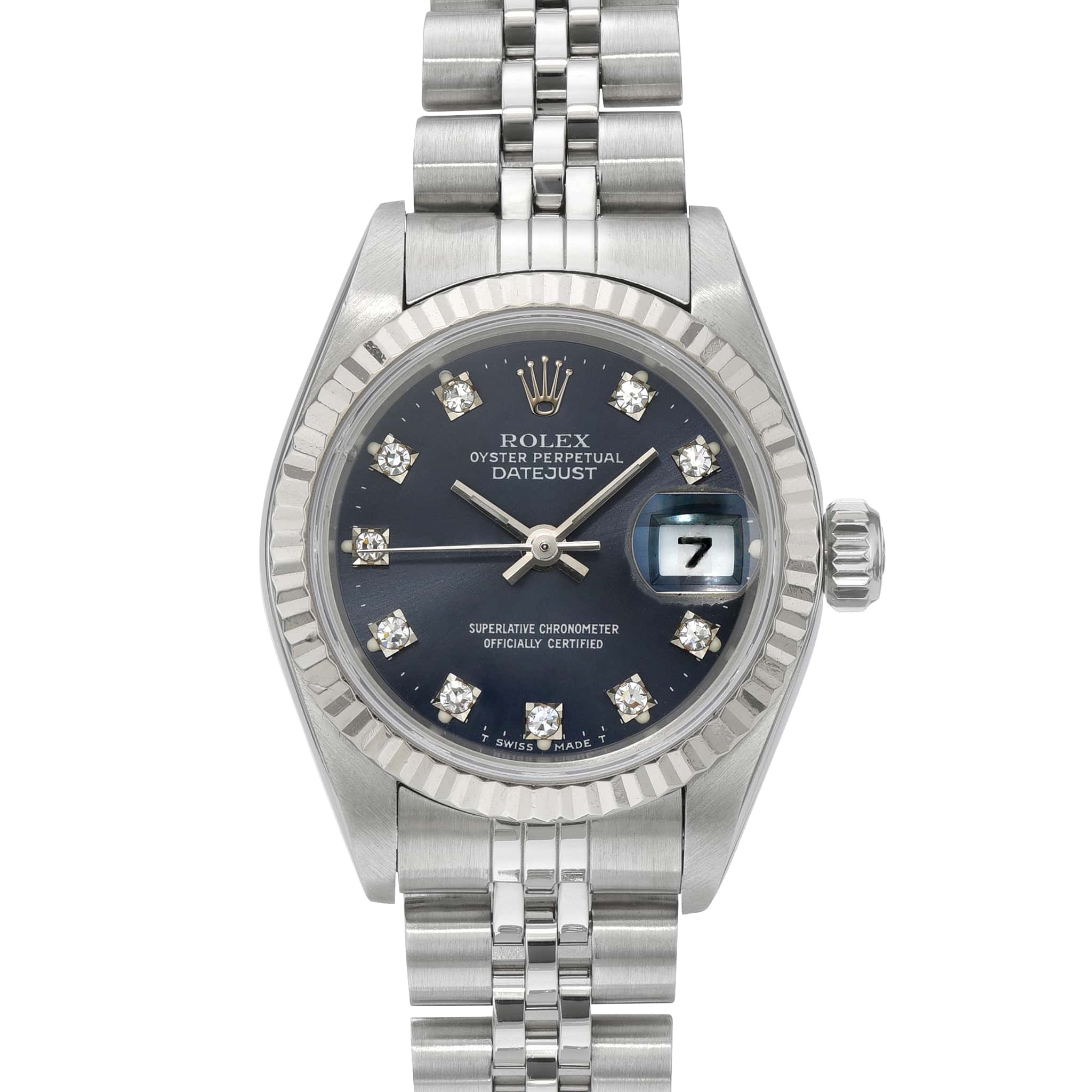 A Rolex Datejust 69174 watch featuring a black dial, diamond hour markers, and a sleek silver metal bracelet.