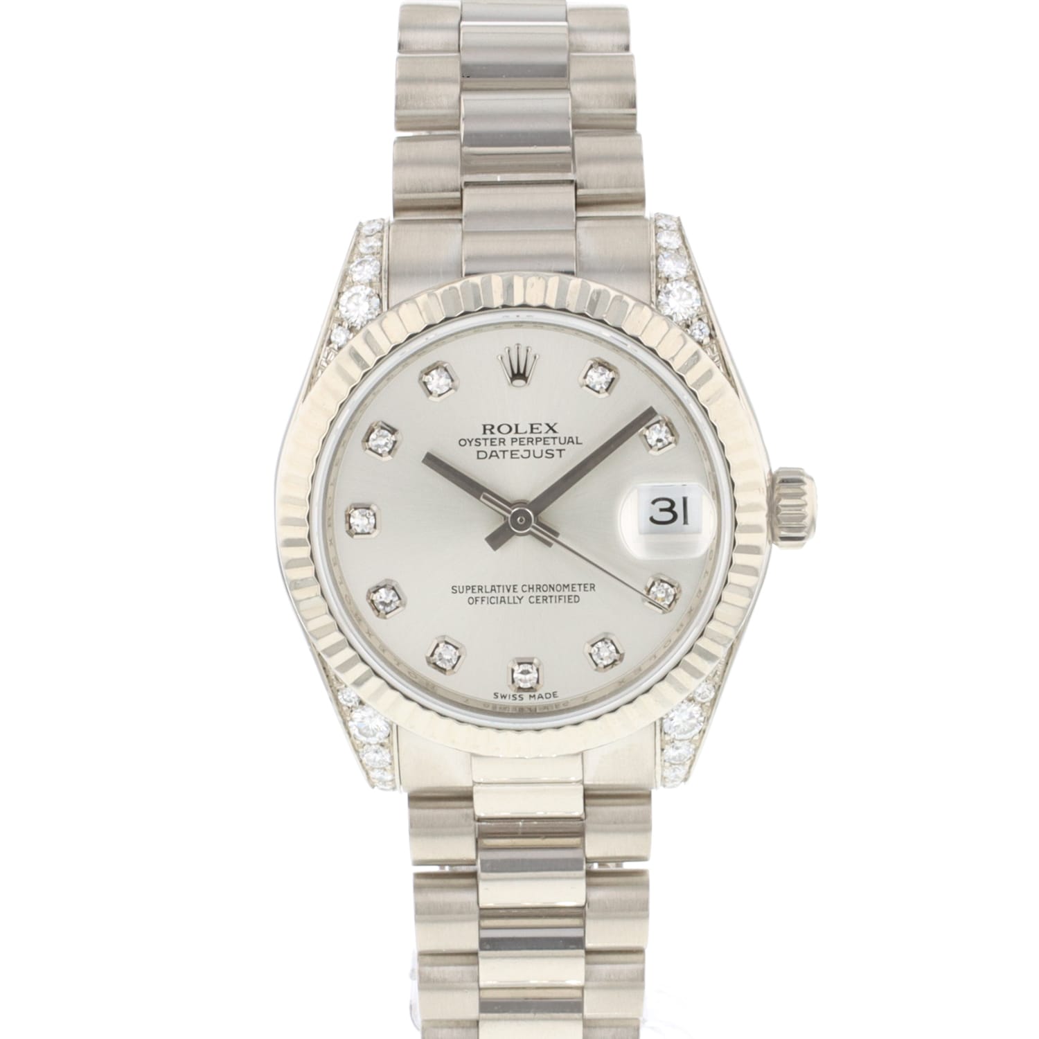 A silver Rolex Datejust 178239 watch with a diamond-studded bezel and bracelet, displaying the date at 3 o’clock.