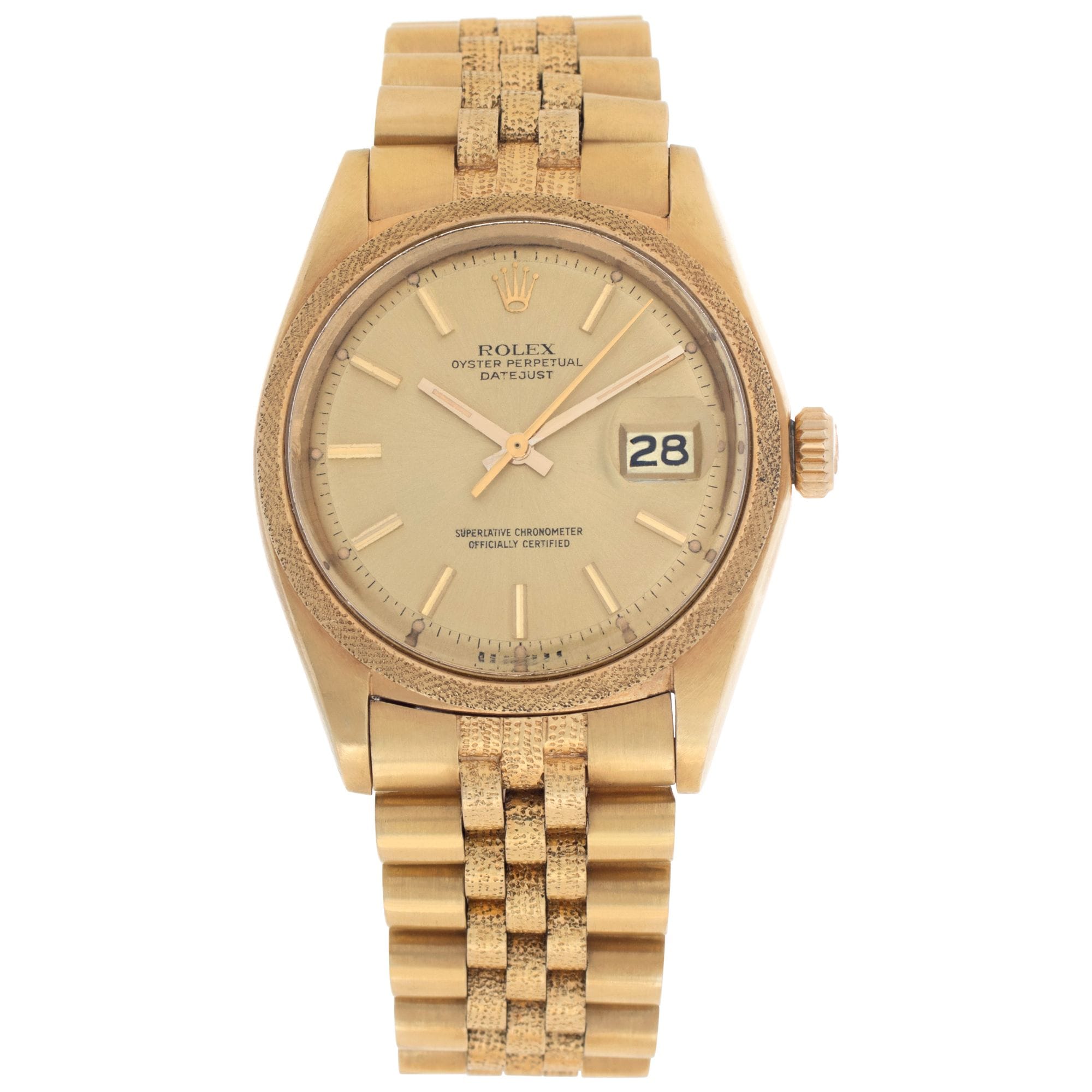 Gold Rolex Datejust 1611 wristwatch featuring a gold dial, date display at 3 o’clock, and a matching gold bracelet.