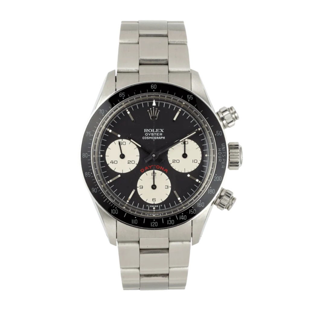 A vintage Rolex Cosmograph Daytona 6263 stainless steel watch featuring a black dial with three striking white subdials.