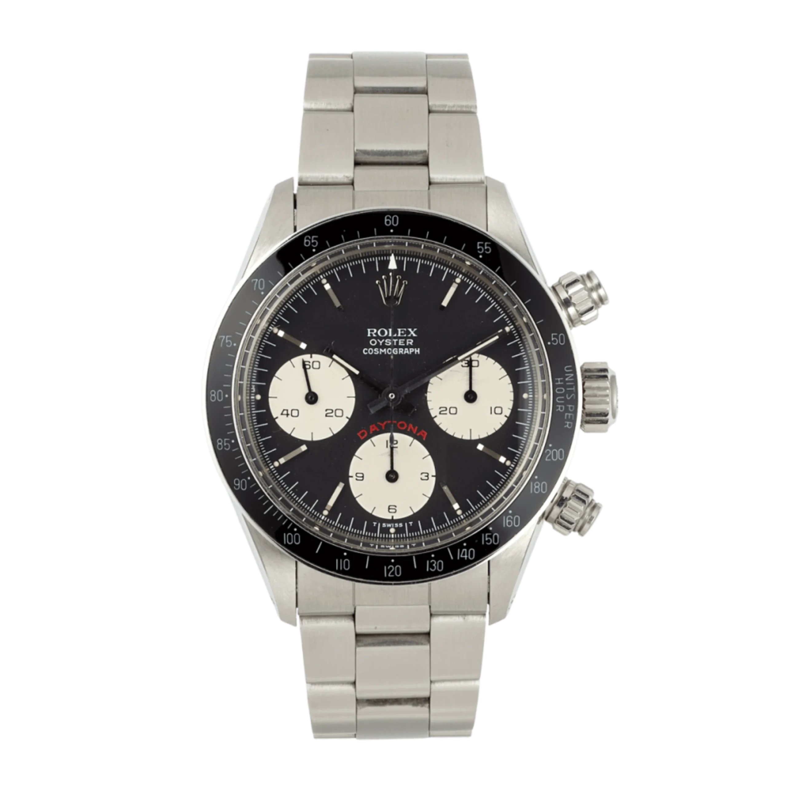 A vintage Rolex Cosmograph Daytona 6263 stainless steel watch featuring a black dial with three striking white subdials.