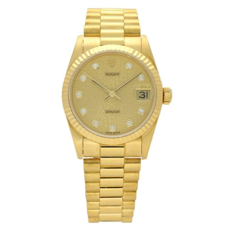 Gold Rolex Datejust 78278 wristwatch featuring a diamond-studded dial and a date display at the 3 oclock position.