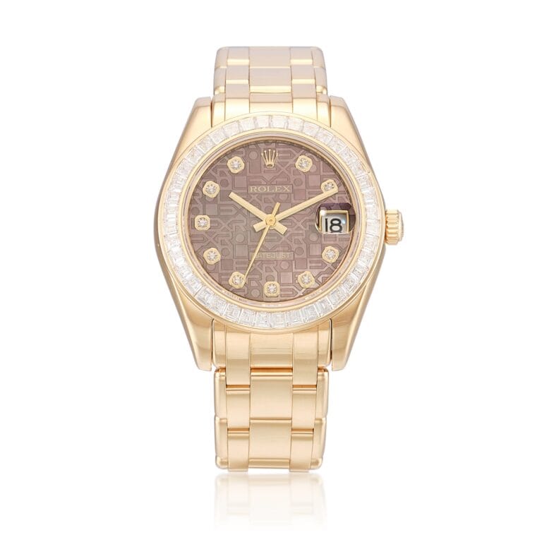 Gold Rolex Datejust wristwatch with a patterned brown dial, diamond hour markers, and a date window.