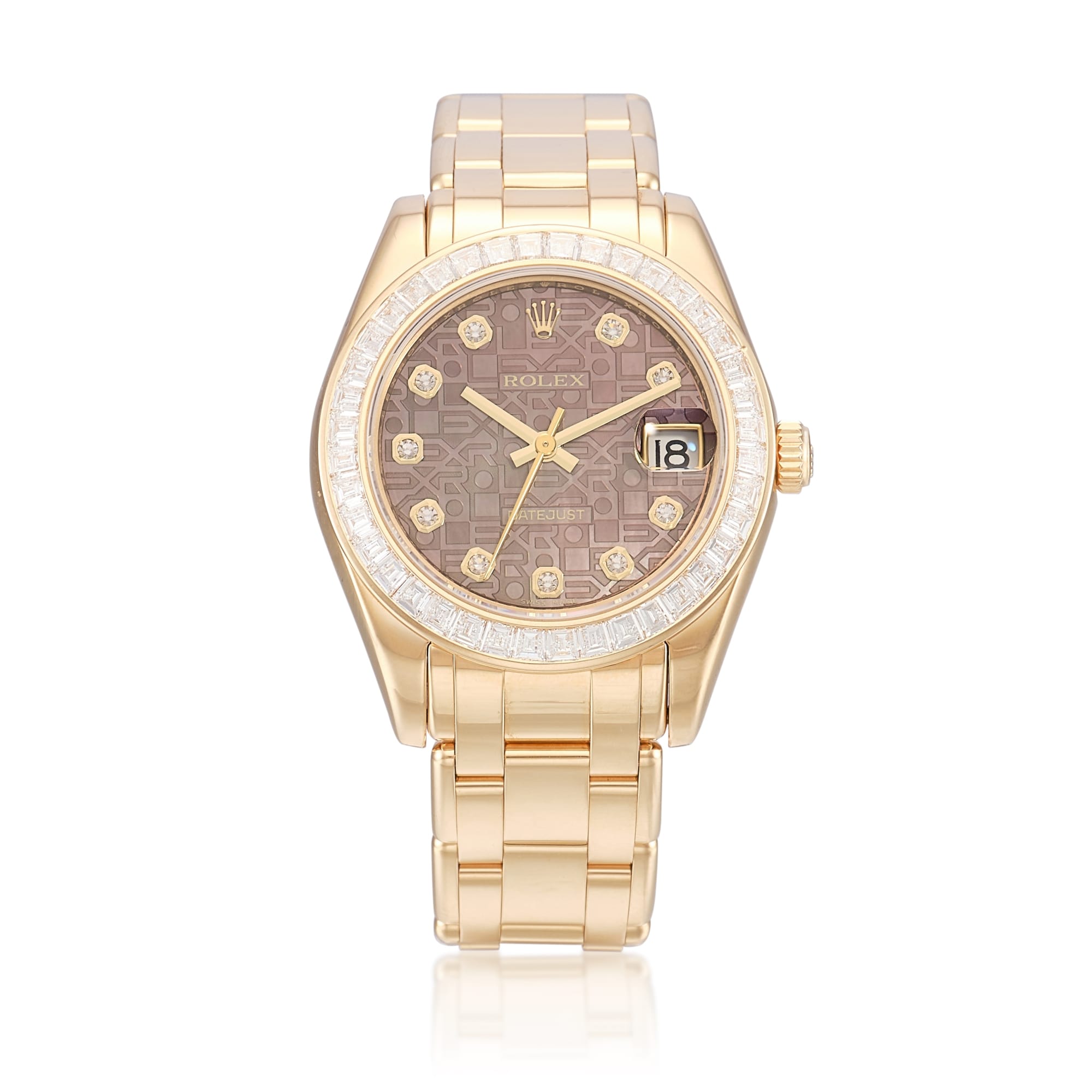 Gold Rolex Datejust wristwatch with a patterned brown dial, diamond hour markers, and a date window.