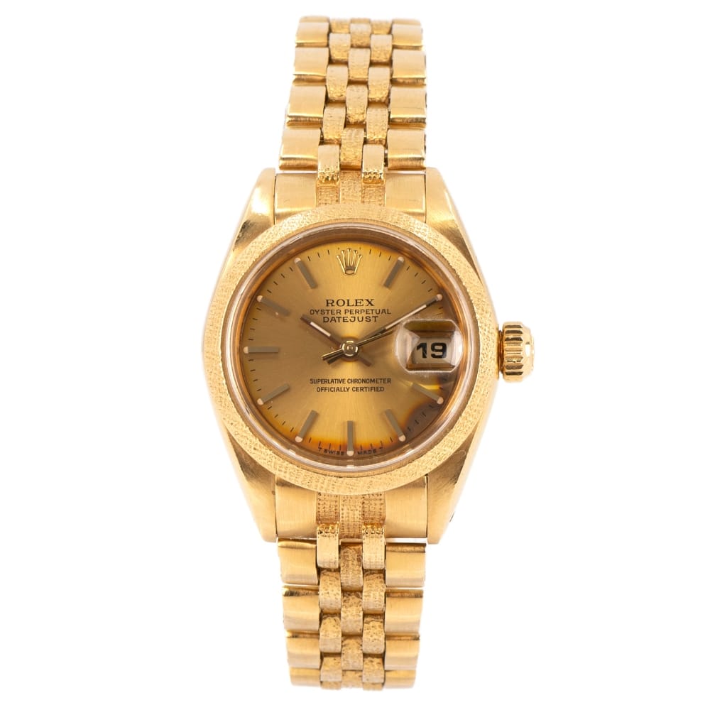 Gold Rolex Datejust 69018 wristwatch featuring a brown dial, date display, and a linked bracelet band—an iconic luxury watch for any collection.