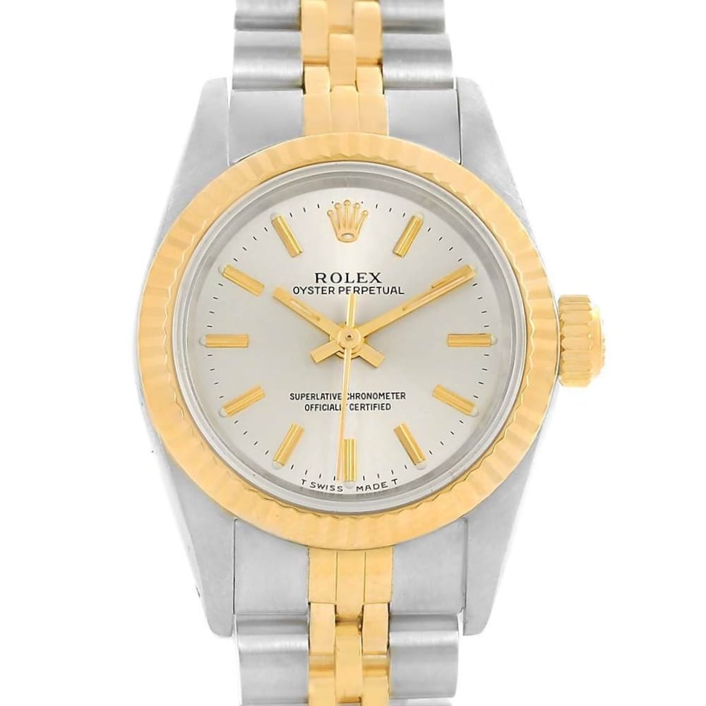 A Rolex Datejust 16248 Oyster Perpetual watch with a silver and gold band and a gold bezel on a white background.