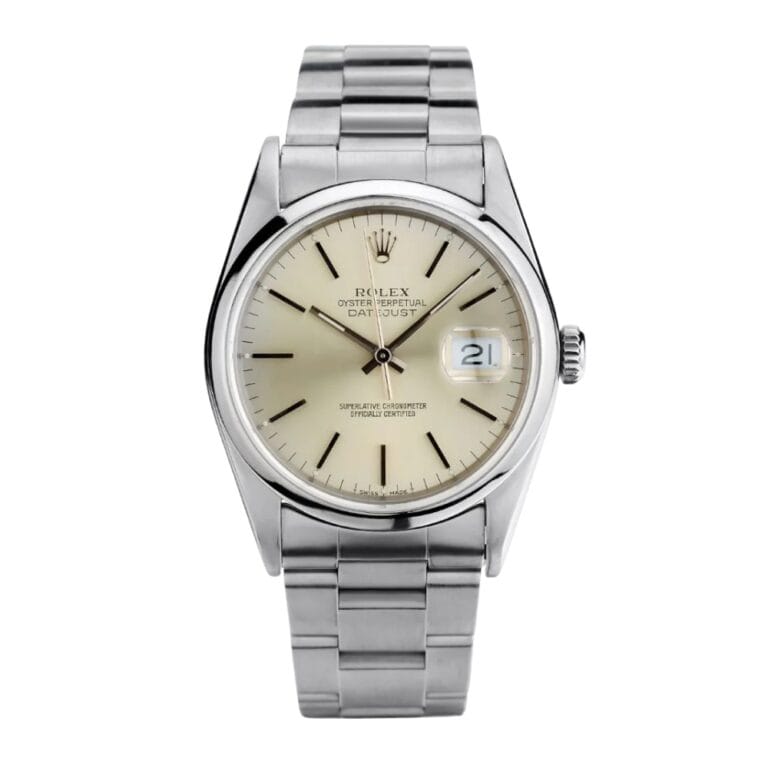 A silver Rolex Datejust 16200 wristwatch with a cream dial and metal link bracelet.