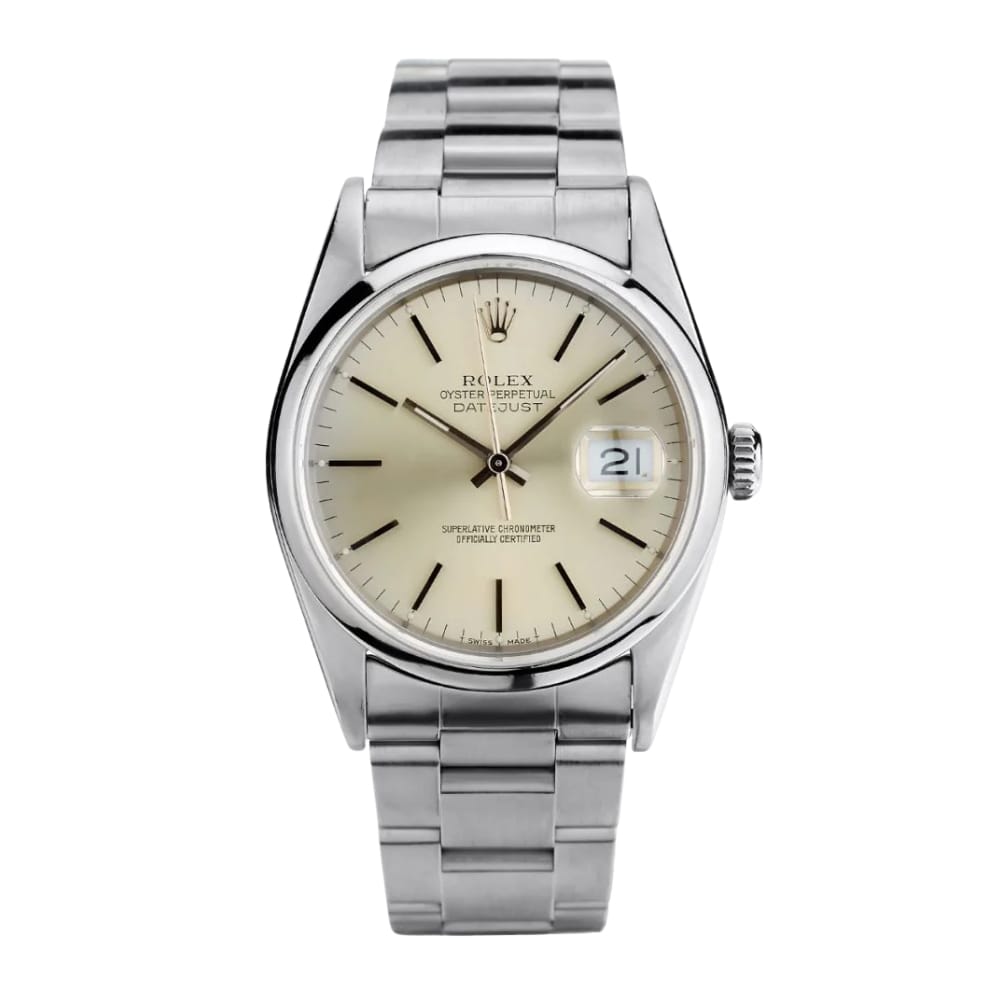 A silver Rolex Datejust 16200 wristwatch with a cream dial and metal link bracelet.