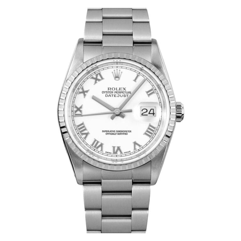 A silver Rolex Datejust 16220 watch featuring a white dial, Roman numerals, and a date window at 3 o’clock.