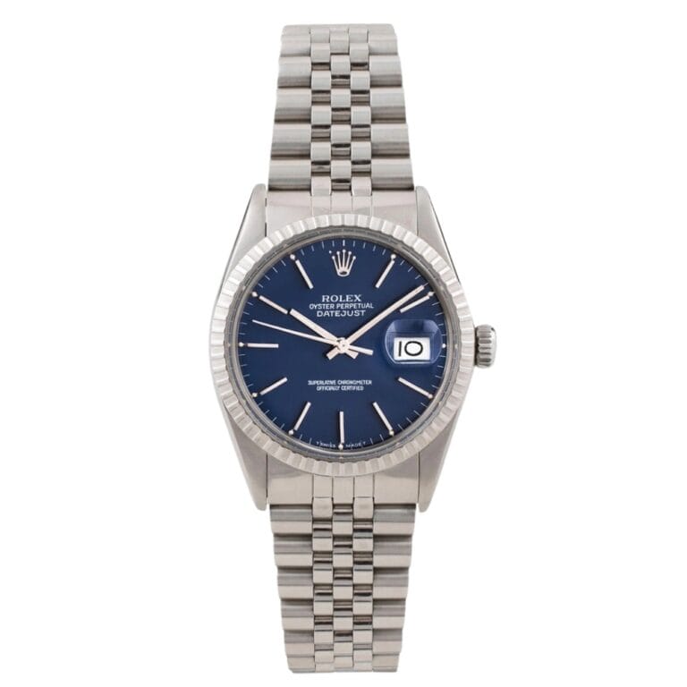 Silver Rolex Datejust 16030 watch with a blue dial, silver bracelet, and date display at 3 o’clock.