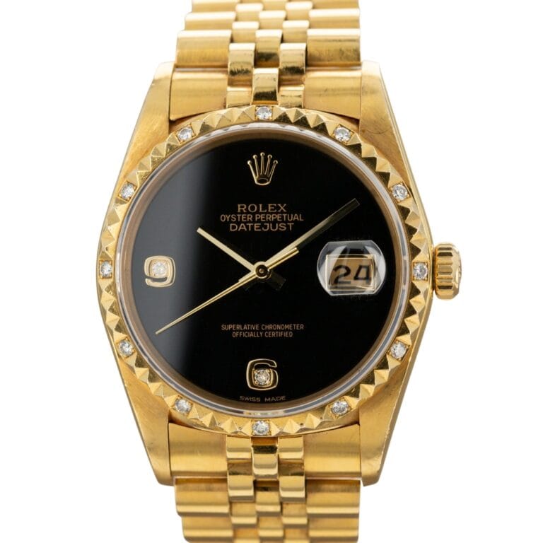 Gold Rolex Datejust 16058 watch with a black dial, diamond hour markers, and a date window showing 24.