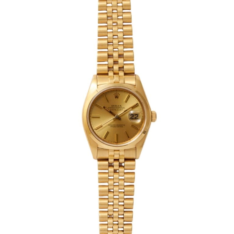 Gold Rolex Datejust wristwatch, reference 16008, featuring a matching gold metal band and a date display at the 3 o’clock position.
