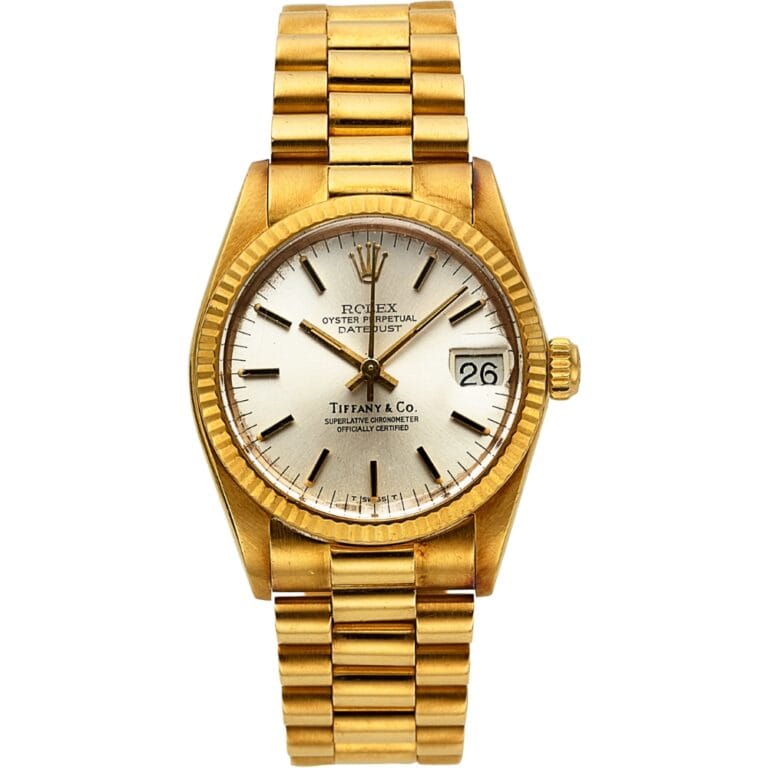 A gold Rolex Datejust 6800 watch with a white dial and a date display at 3 o’clock.