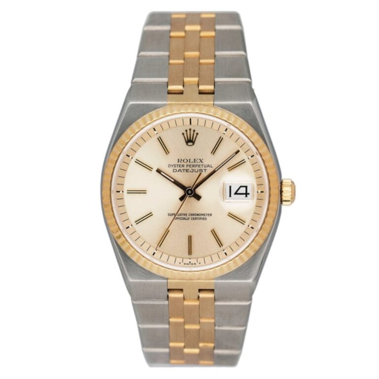 Two-tone Rolex Datejust 1630 watch with gold and silver band, cream dial, and date window at 3 o’clock.