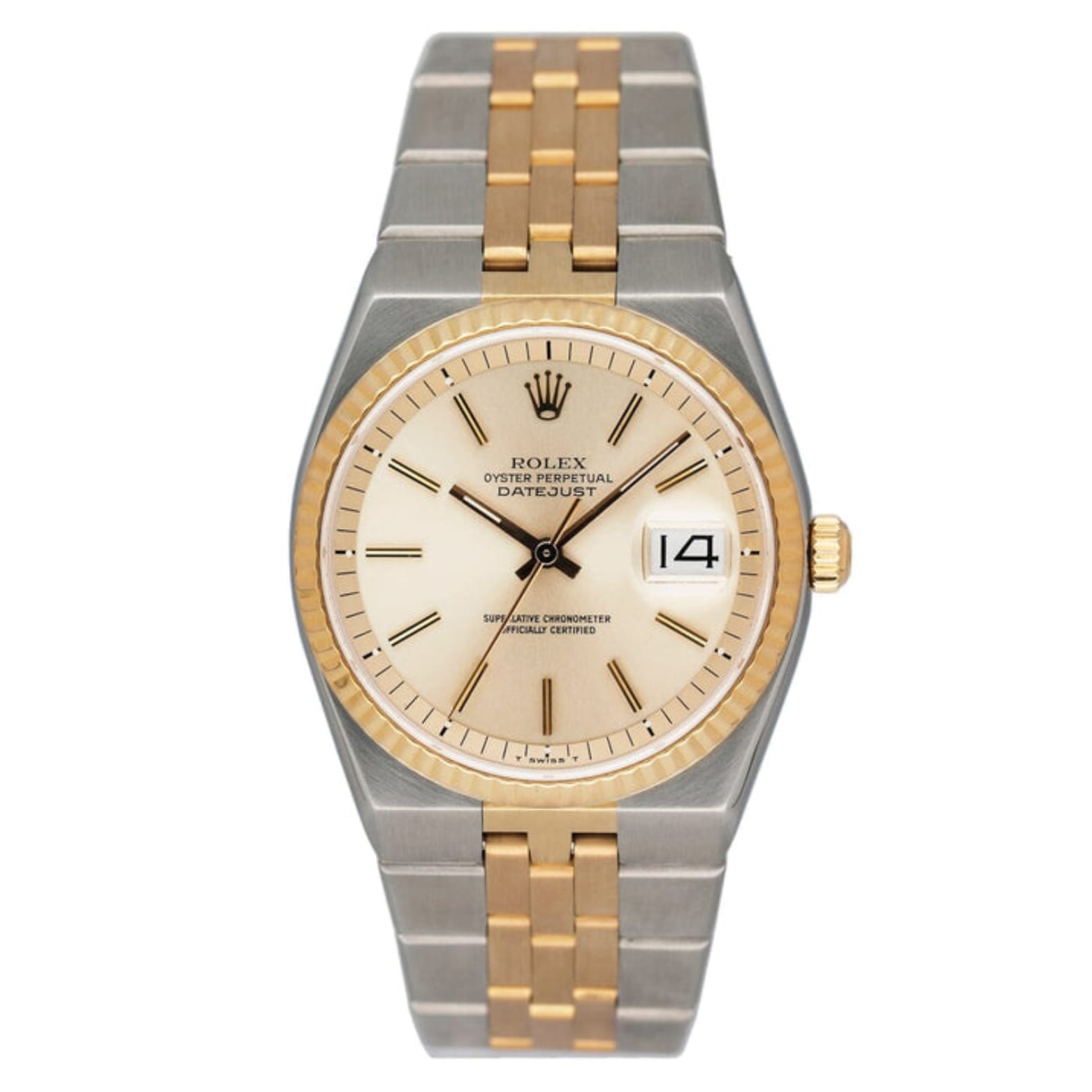 Two-tone Rolex Datejust 1630 watch with gold and silver band, cream dial, and date window at 3 o’clock.