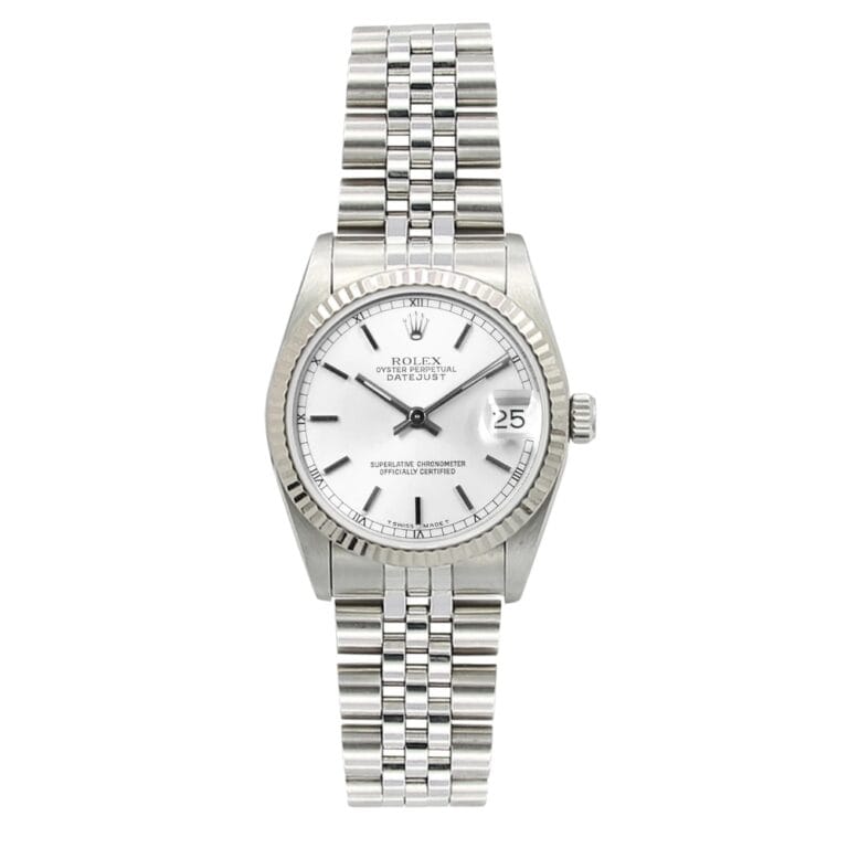 Silver Rolex Datejust 68274 watch featuring a white dial, metal bracelet, and a date window at the 3 oclock position.