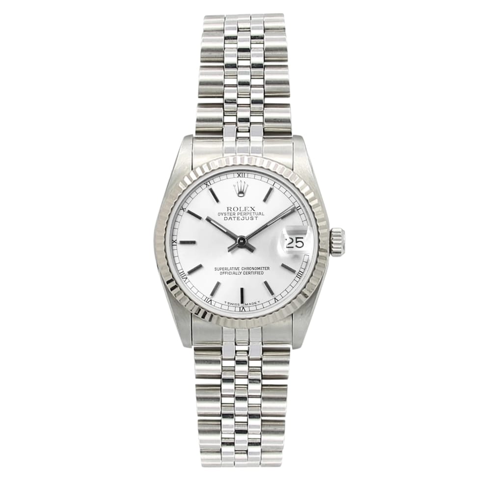 Silver Rolex Datejust 68274 watch featuring a white dial, metal bracelet, and a date window at the 3 oclock position.