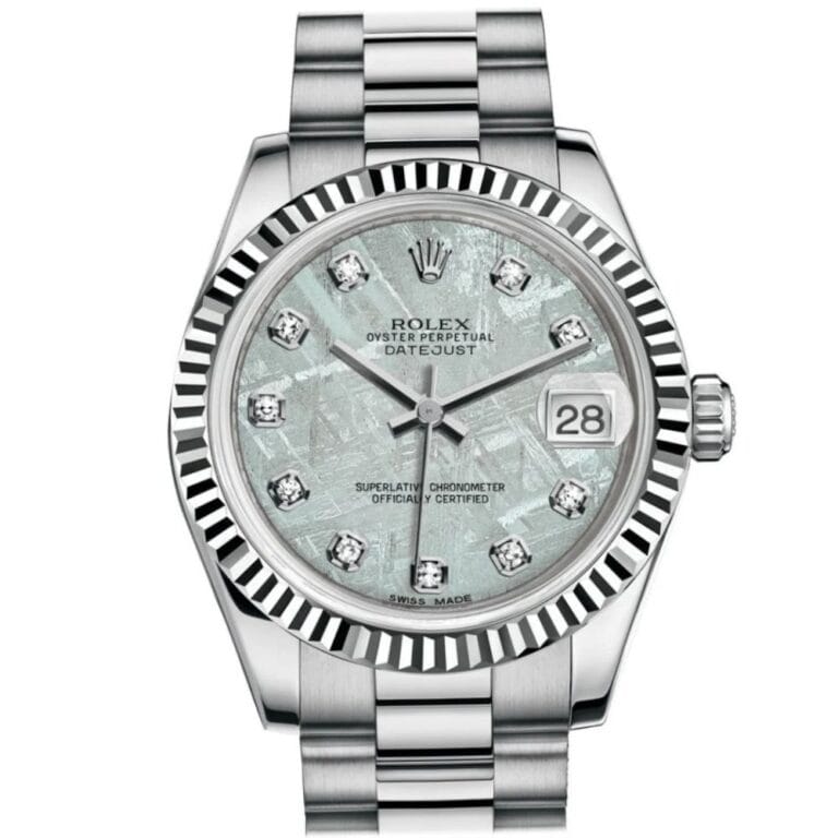 Silver Rolex Datejust 178269 watch featuring diamond hour markers and a date display at 3 o’clock on a sleek metal band.