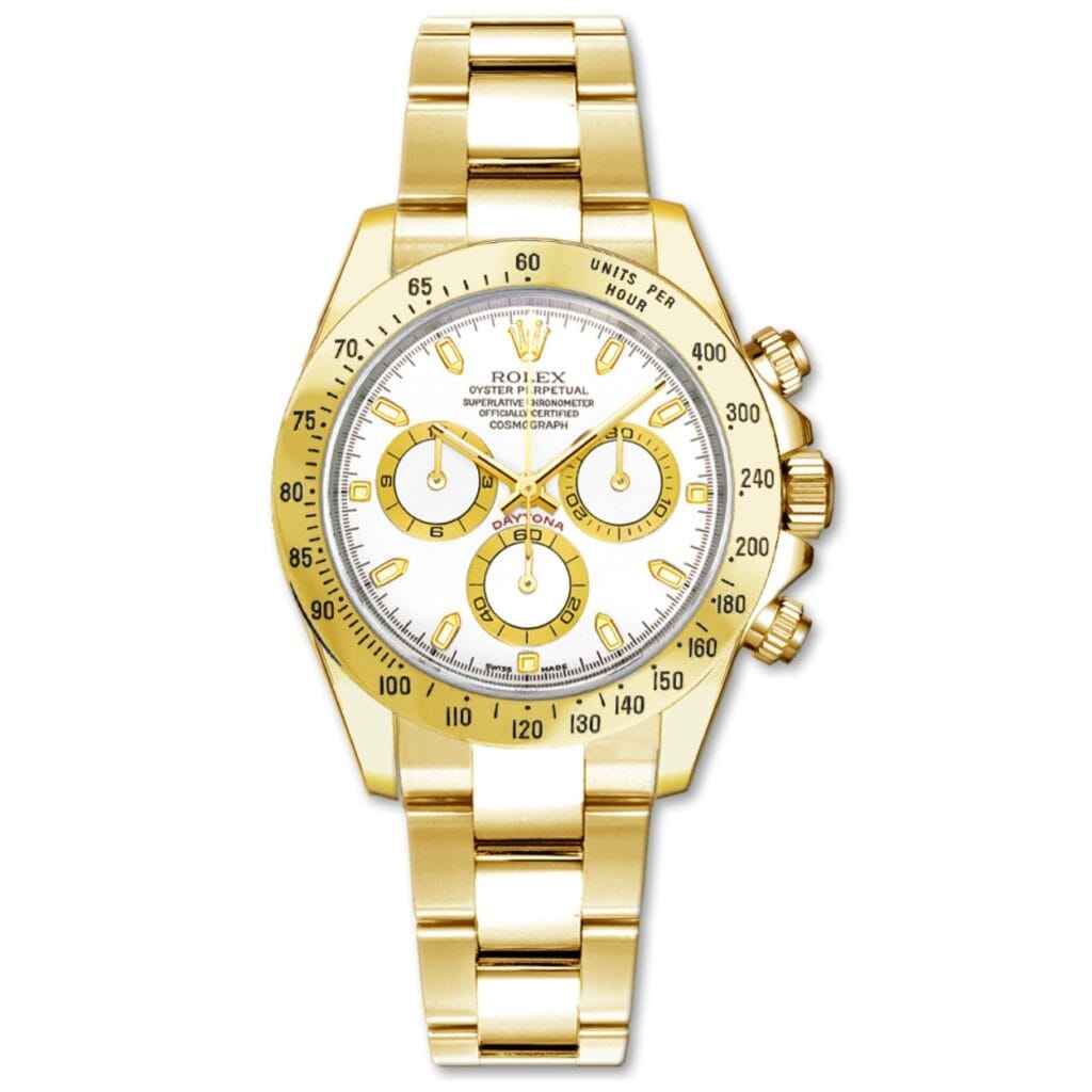 Gold Rolex Cosmograph Daytona 116528 watch with a white dial, three subdials, and gold hour markers on a gold bracelet.