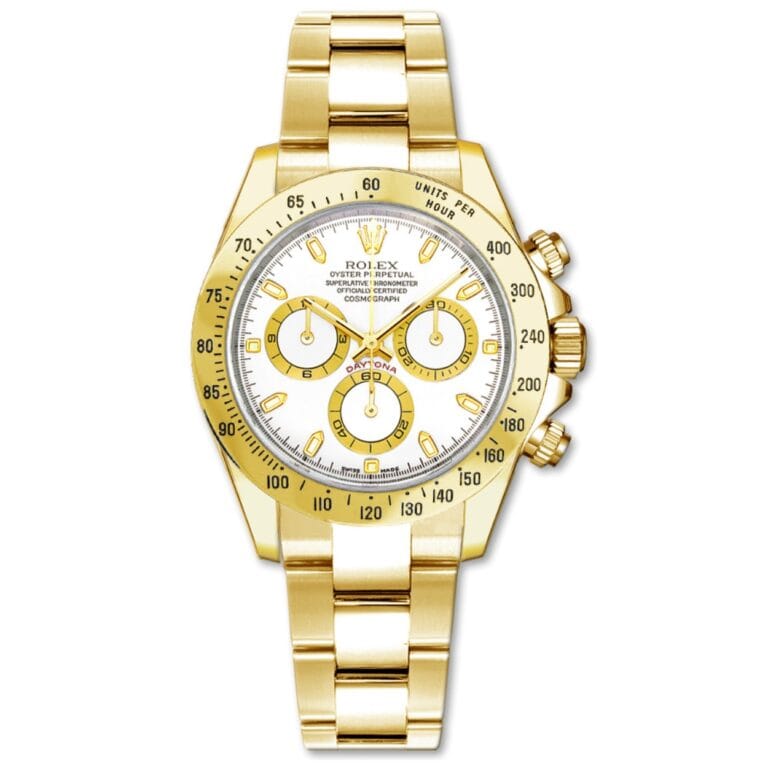 Gold Rolex Cosmograph Daytona 116528 watch with a white dial, three subdials, and gold hour markers on a gold bracelet.