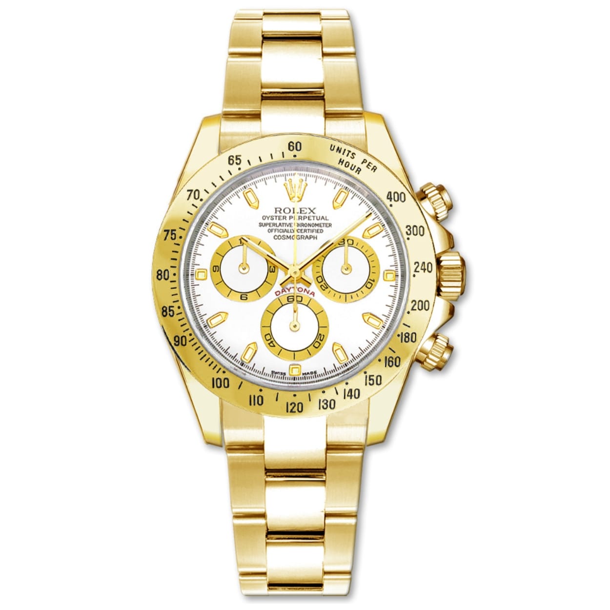 Gold Rolex Cosmograph Daytona 116528 watch with a white dial, three subdials, and gold hour markers on a gold bracelet.