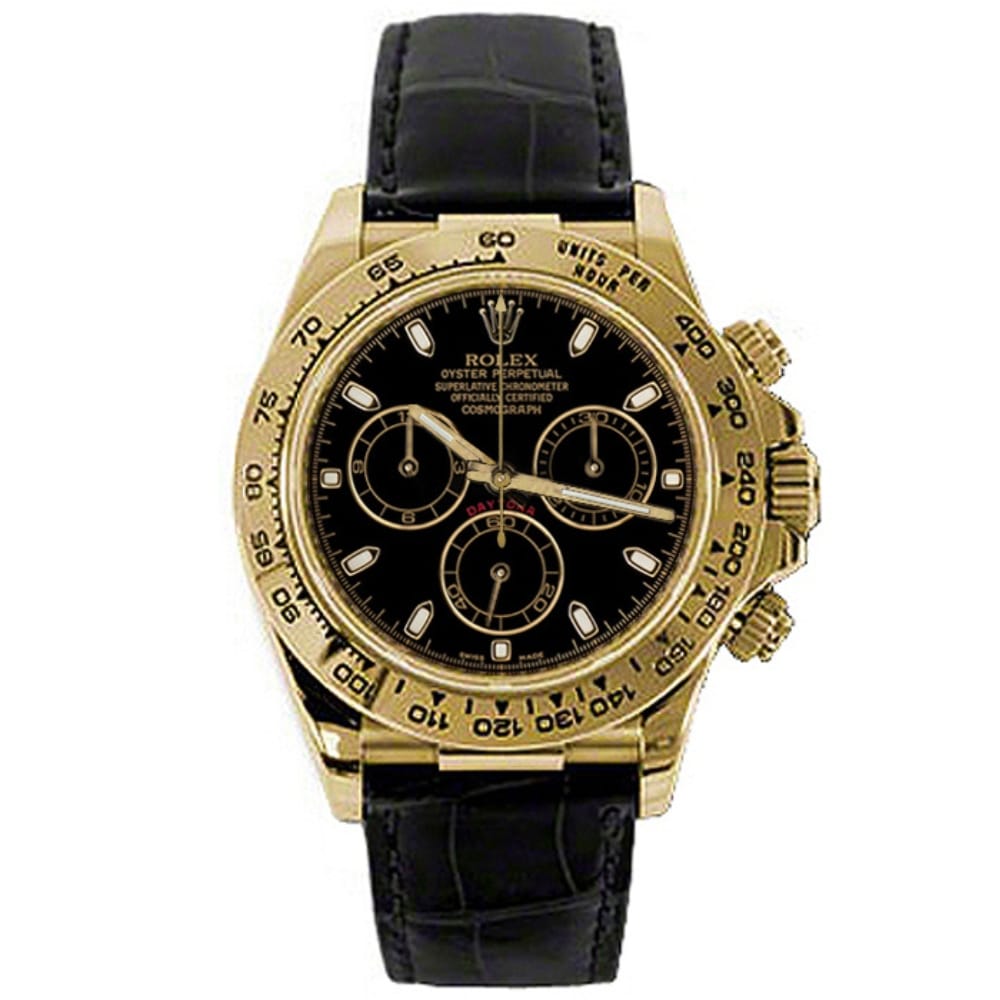 Gold Rolex Cosmograph Daytona watch with a black dial, three subdials, and a black leather strap, displayed on a white background.