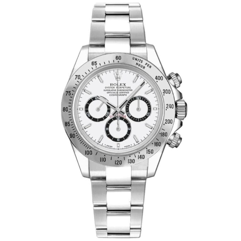 Silver Rolex Cosmograph Daytona 16520 watch with a white dial, three black subdials, and a stainless steel bracelet.