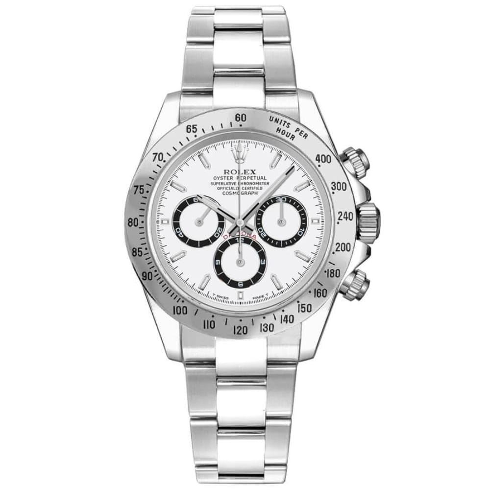 Silver Rolex Cosmograph Daytona 16520 watch with a white dial, three black subdials, and a stainless steel bracelet.