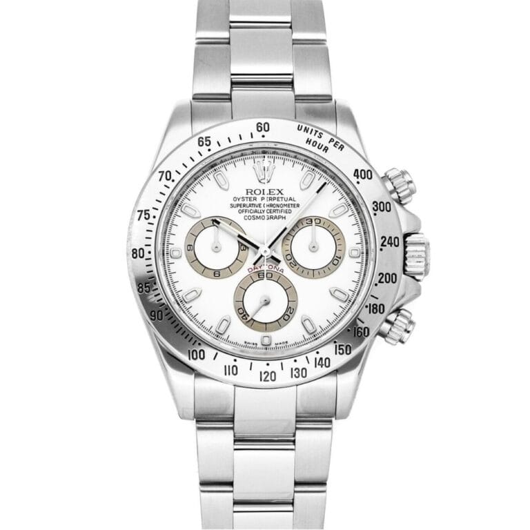 A silver Rolex Cosmograph Daytona 116520 watch with a white dial and three subdials, featuring a metal link bracelet.