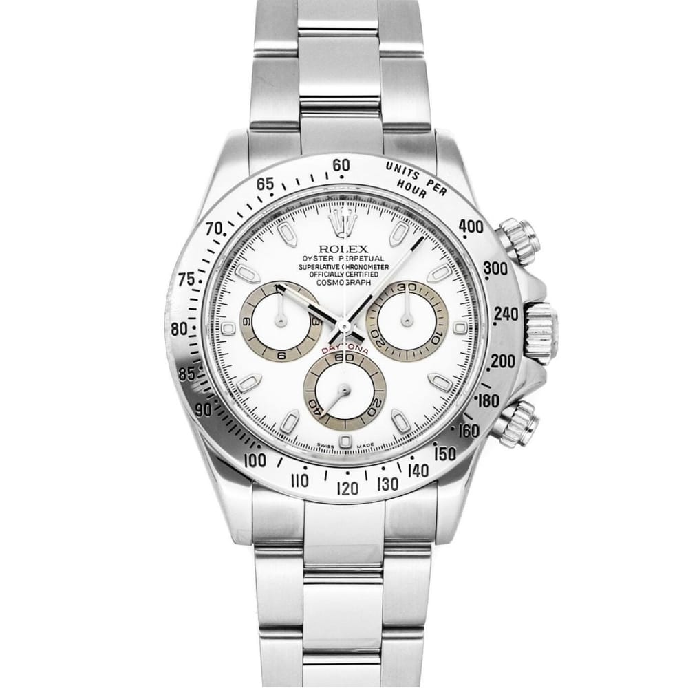 A silver Rolex Cosmograph Daytona 116520 watch with a white dial and three subdials, featuring a metal link bracelet.