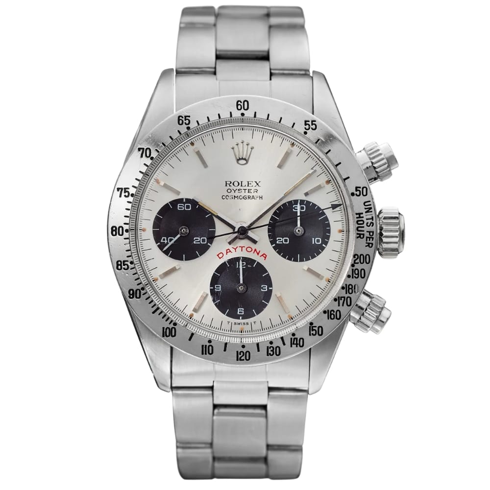 Silver Rolex Cosmograph Daytona chronograph watch, inspired by the iconic Daytona 6265, featuring black subdials and a sleek stainless steel bracelet.