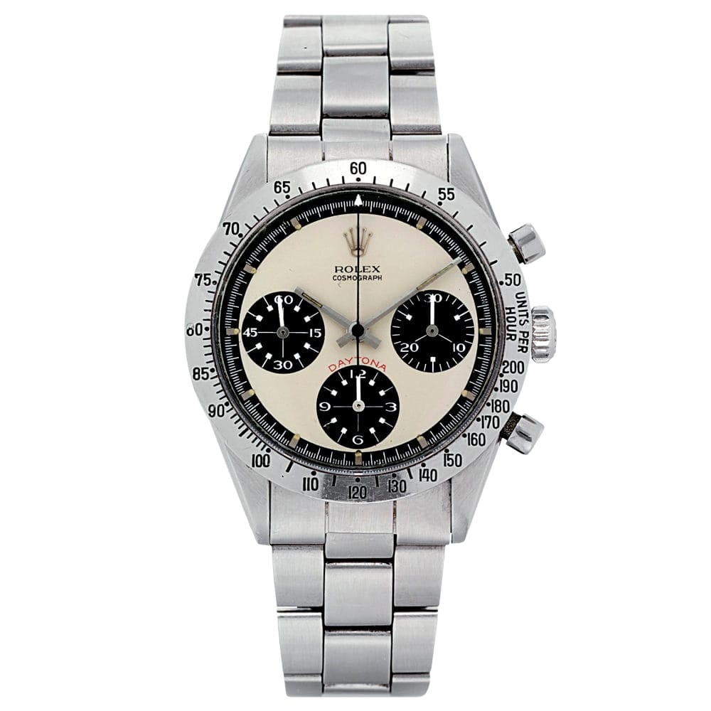 A stainless steel Rolex Cosmograph Daytona 6262 watch with a white dial and three black subdials.