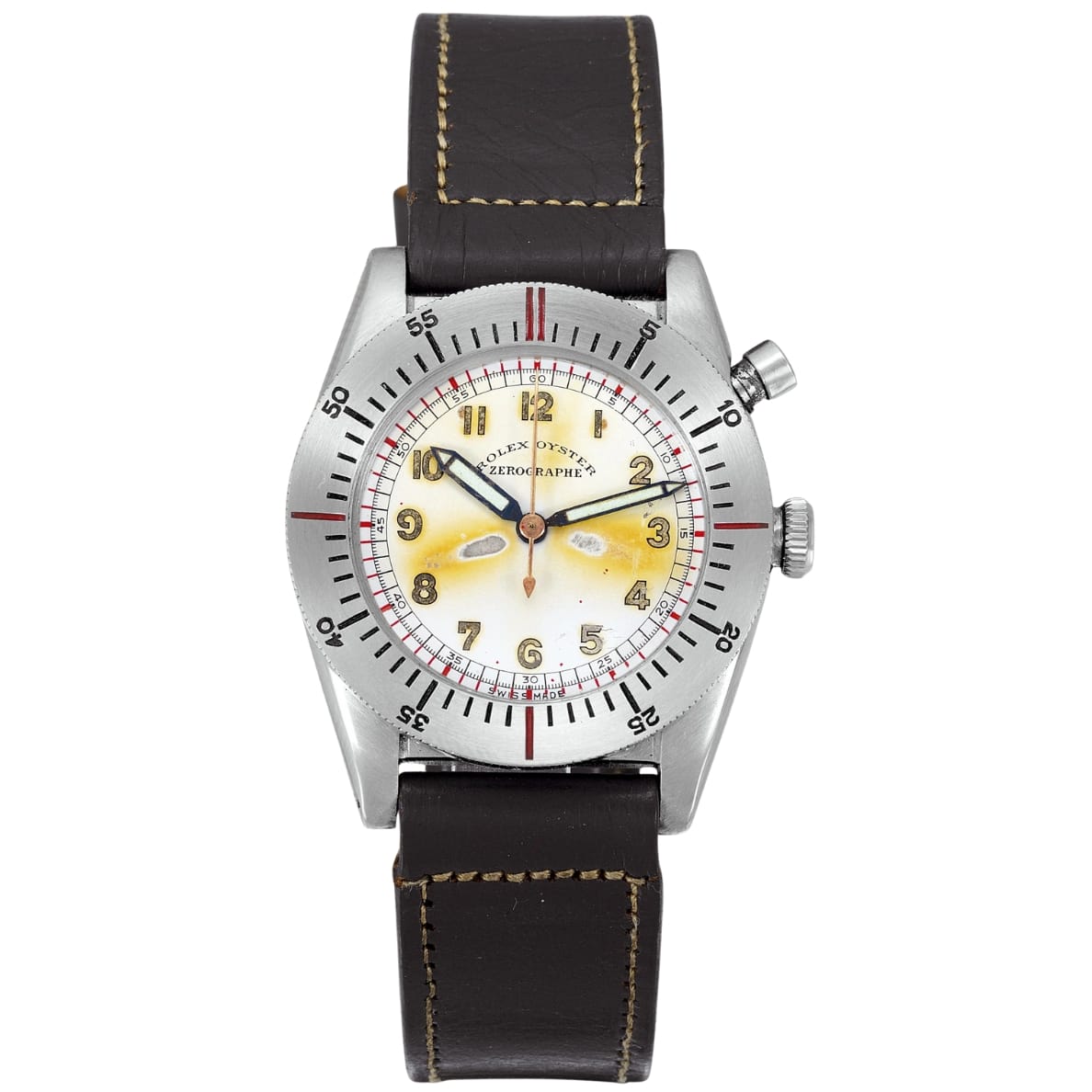 A vintage Rolex Chronograph with a dark leather strap, yellowed dial, and silver bezel with numeric markers.