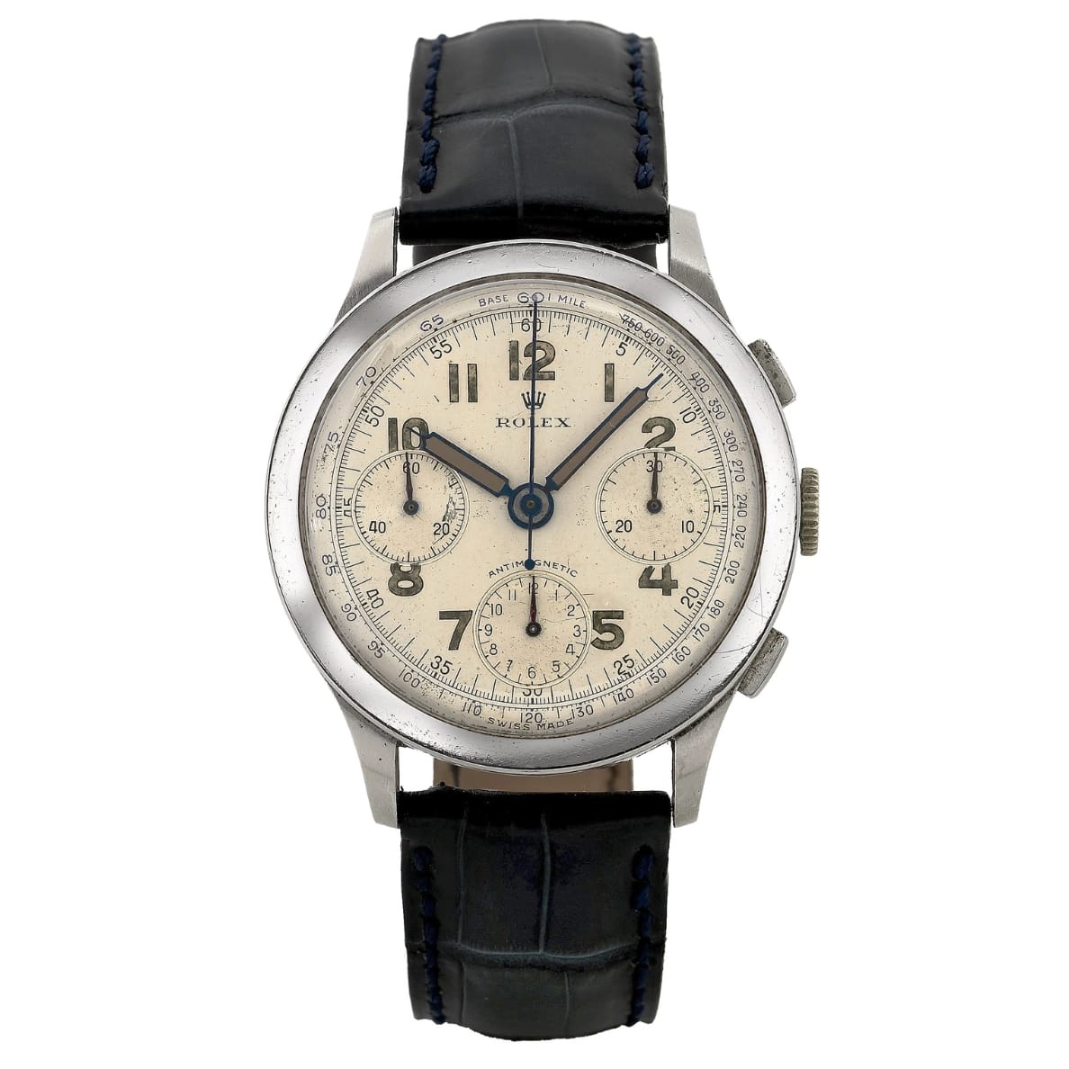 Vintage Rolex 3330 chronograph watch featuring a cream dial, three subdials, and a black leather strap.