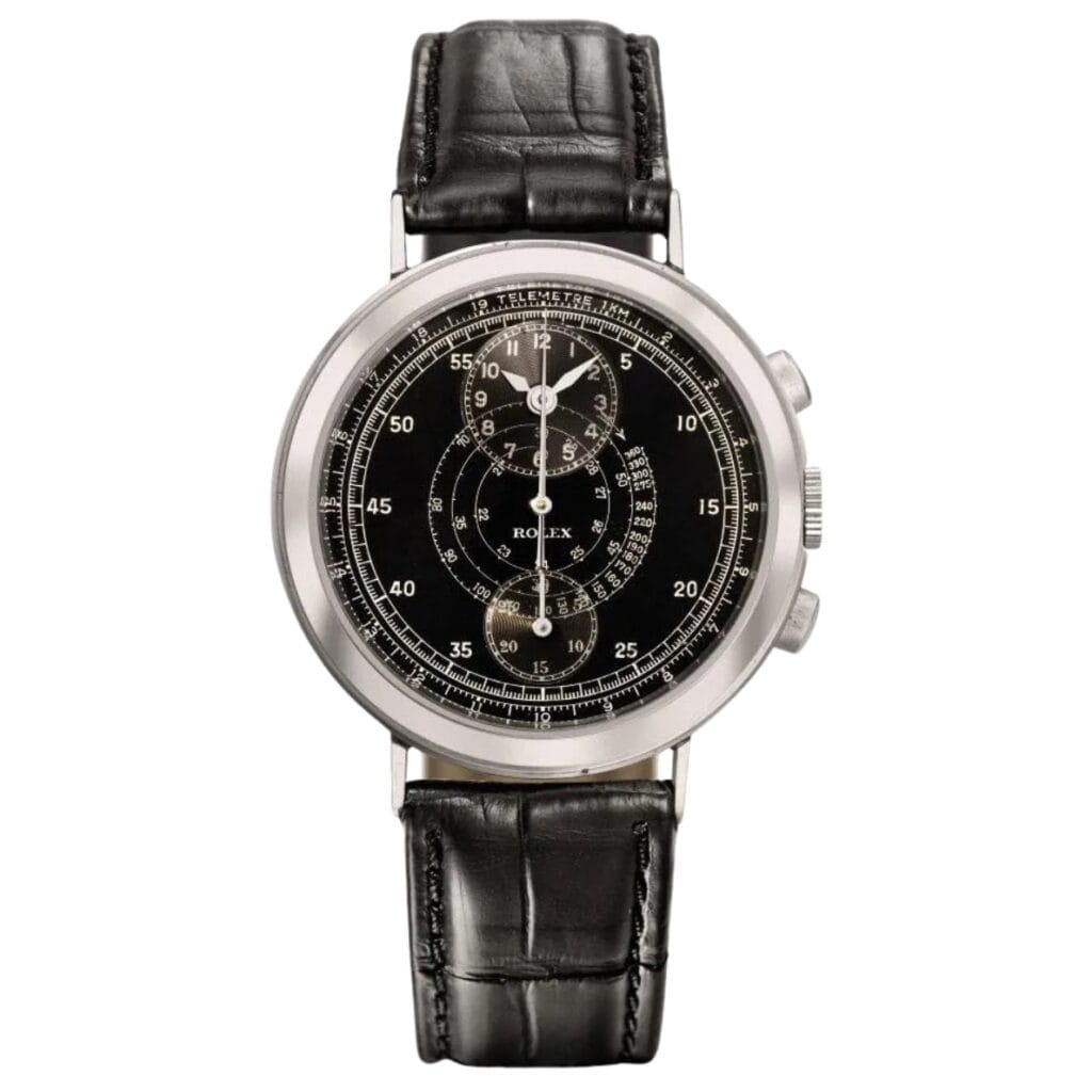 A vintage Rolex Chronograph 2737 with a black leather strap and a detailed black dial featuring multiple subdials.