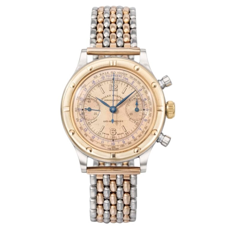 A two-tone gold and silver wristwatch with a round face, chronograph dials, and a metal link bracelet inspired by the classic Rolex Zerograph 3668.