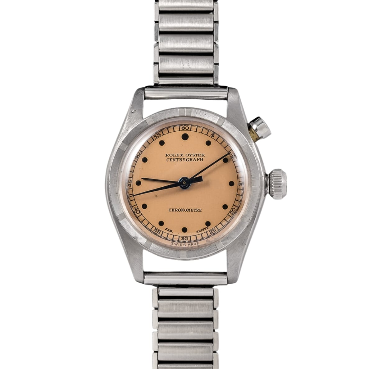 A vintage Rolex 3462 Oyster Chronograph watch featuring a salmon dial and metal bracelet.