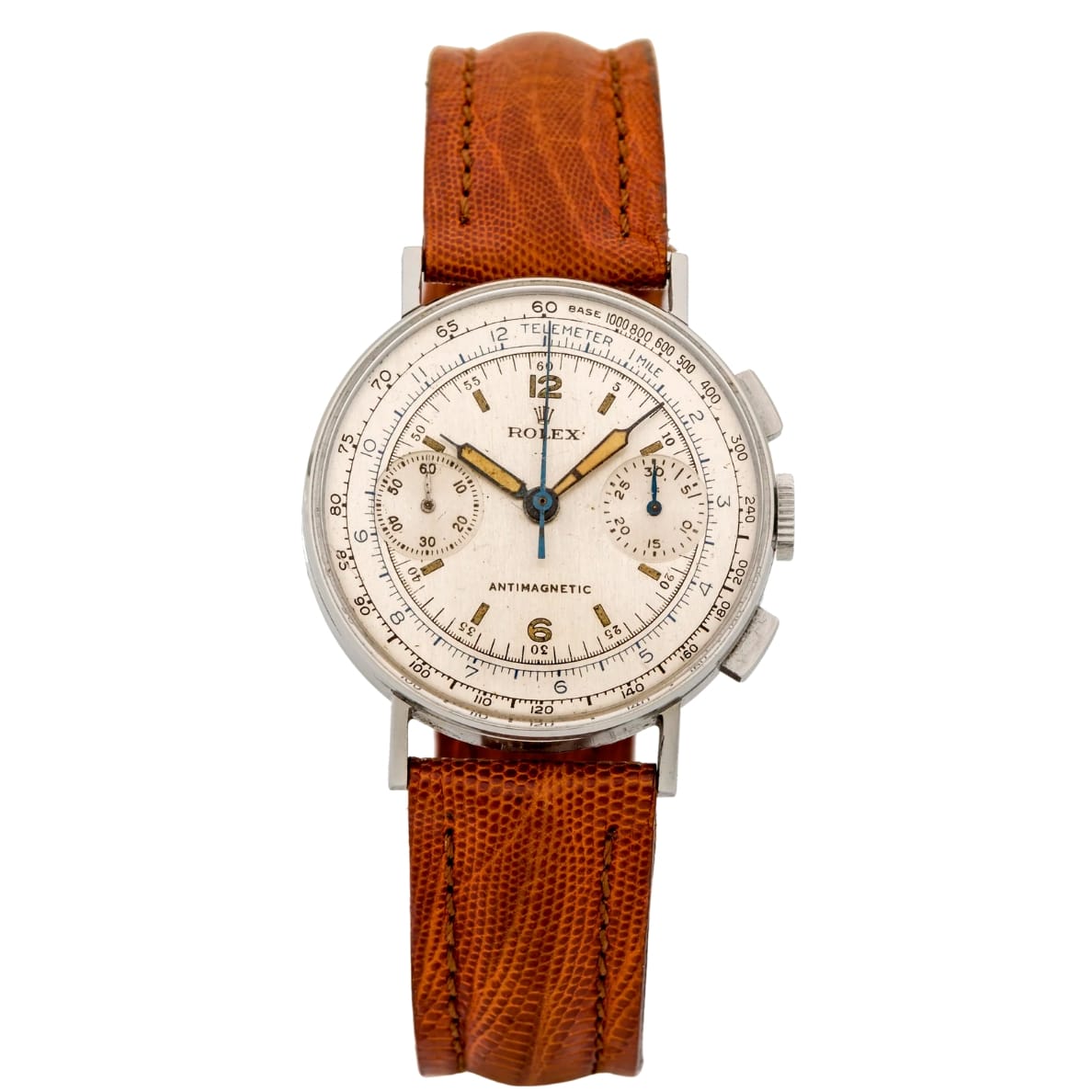 Vintage Rolex Chronograph 3484 watch with a brown leather strap and a white dial featuring multiple subdials and markers.