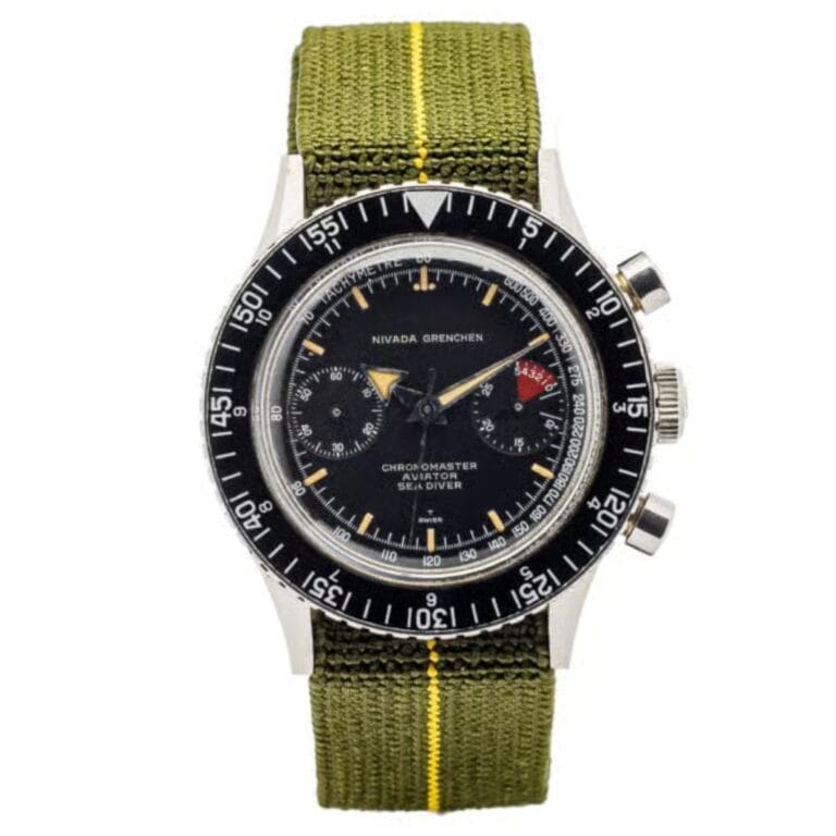 A vintage Nivada Grenchen Chronomaster Aviator chronograph wristwatch with a green nylon strap and black dial.