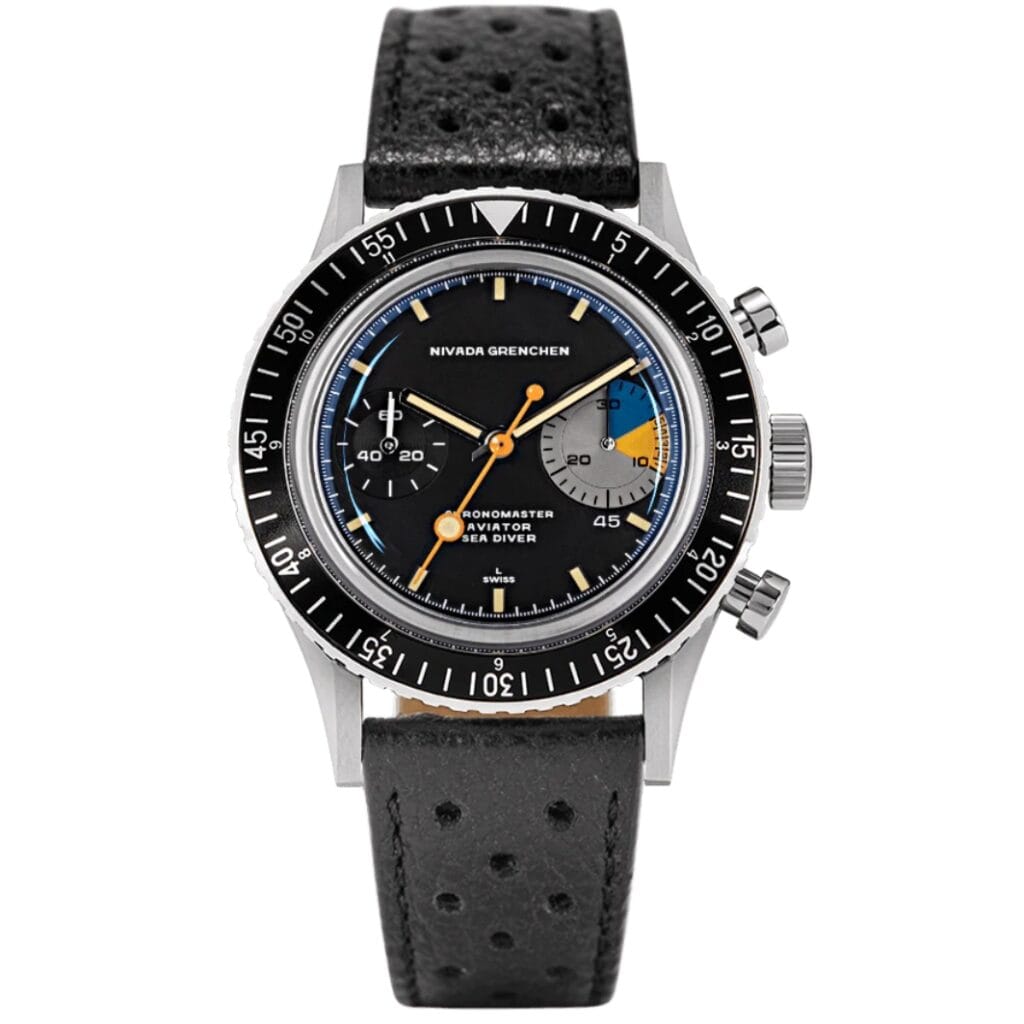 A Nivada Grenchen Chronomaster Aviator Sea Diver wristwatch with a black strap, black dial, and colorful subdials, showing 10:08.