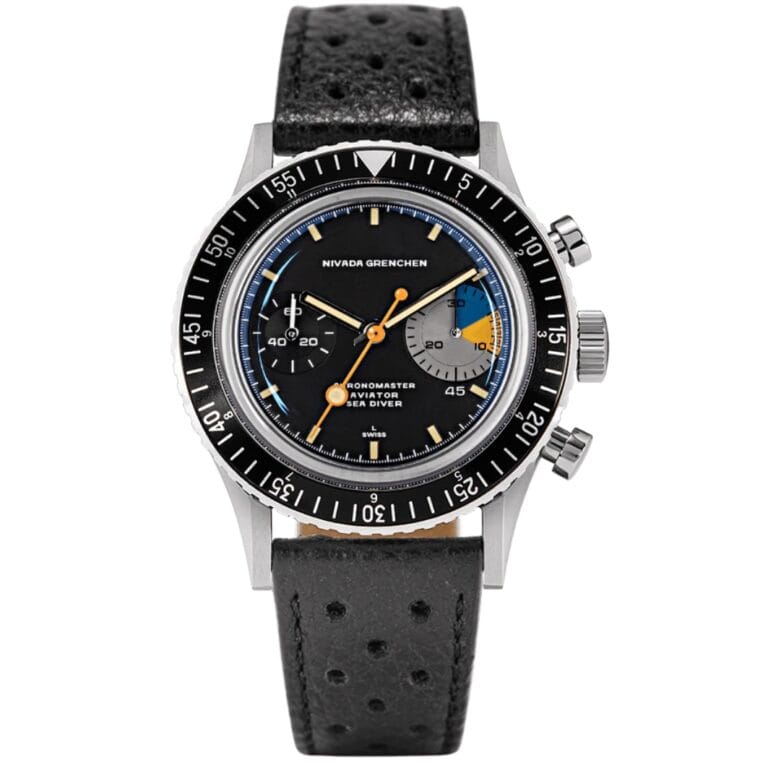 A Nivada Grenchen Chronomaster Aviator Sea Diver wristwatch with a black strap, black dial, and colorful subdials, showing 10:08.